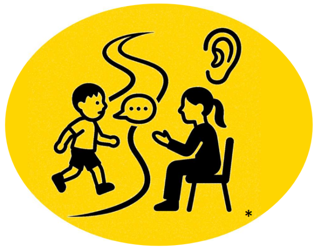 Grafik auf gelbem Hintergrund: Ein Kind läuft auf eine sitzende Person zu, die die Hand zum Gespräch ausstreckt. Über dem Kind ist eine Sprechblase, über der sitzenden Person ein großes Ohr zu sehen, Symbol für aktives Zuhören.